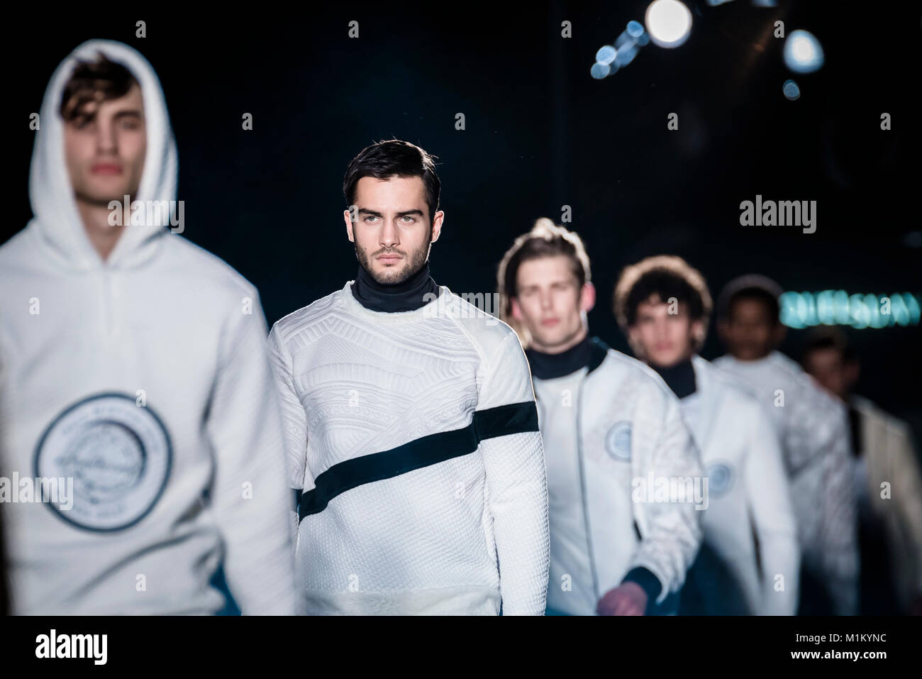 Barcelona, Spain. 31st Jan, 2018. A model walks the runway at the Miquel Suay fashion show presenting the new 'Autumn/Winter 18/19' collection during 080 Barcelona Fashion Week Credit: Matthias Oesterle/Alamy Live News Stock Photo