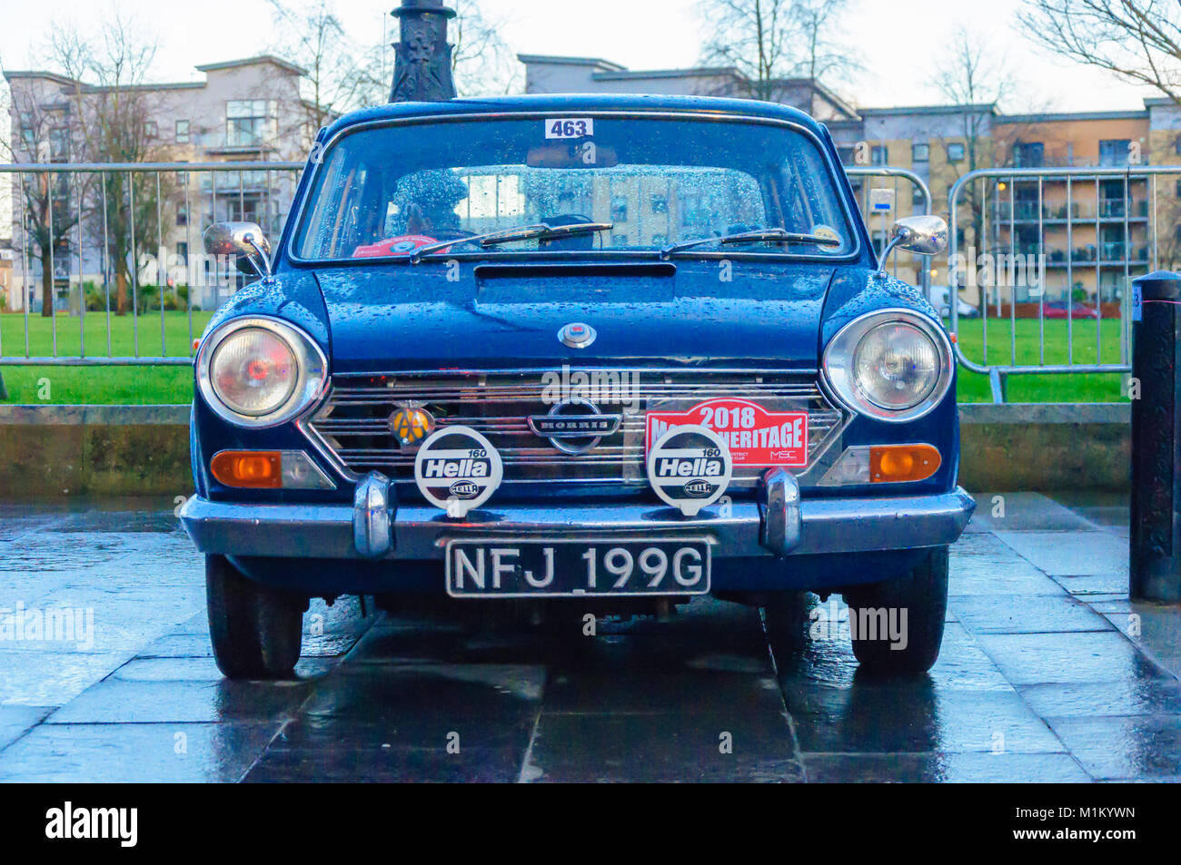 Paisley, Scotland, UK. 31st January 2018: A front view of a blue Morris car. The Monte Carlo Rally starts at Paisley Abbey. This year sees the 21st  Historique event and the 3rd Classique event. Both events are staged by the Automobile Club de Monaco  and take place on open public roads. The distance to Monte Carlo is 1270 miles. Credit: Skully/Alamy Live News Stock Photo