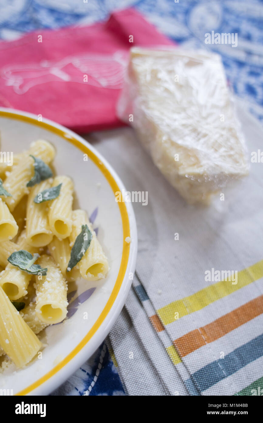 rigatoni pasta with butter sage and grated parmesan cheese Stock Photo