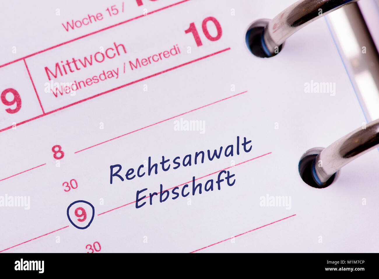 Terminkalender mit Eintrag Rechtsanwalt und Erbschaft Stock Photo