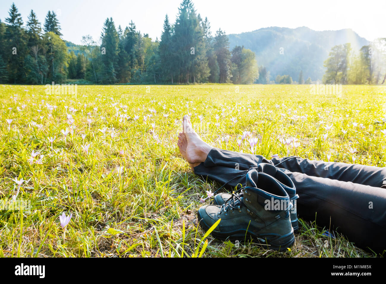 Traveler resting on green meadow Stock Photo