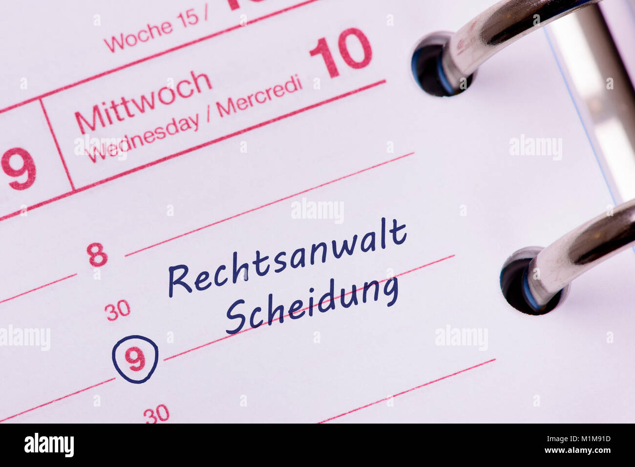 Scheidung und Rechtsanwalt als Eintrag im Terminkalender Stock Photo