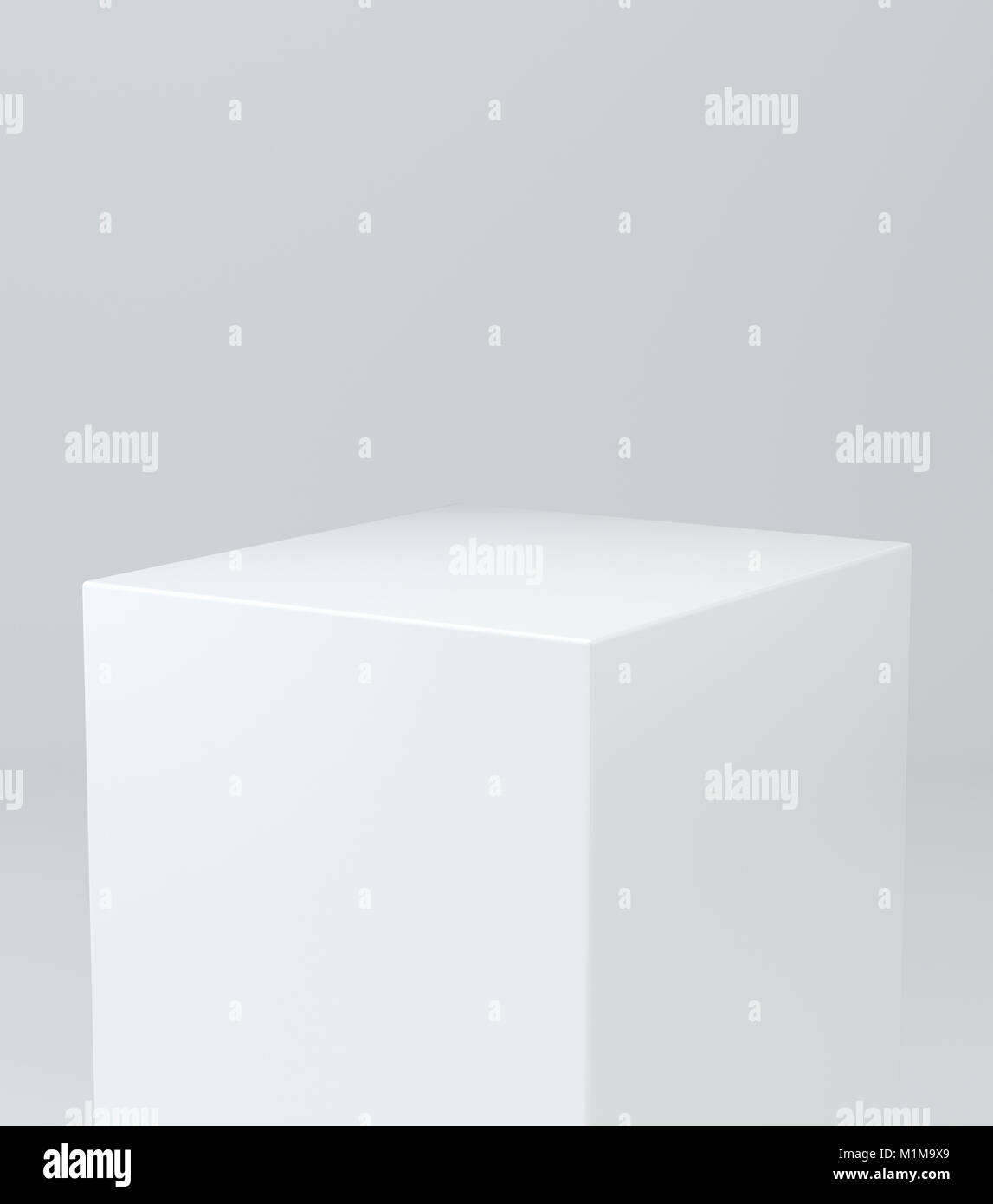 Realistic white box, cube, podium or blank pedestal. White platform. 3d illustration. Stock Photo