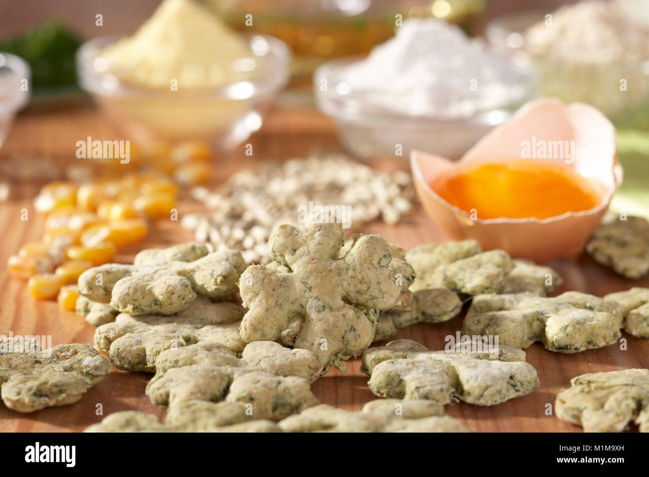 Domestic dog. Ingredients for biscuits as rewards for dogs and freshly baked biscuits. Germany Stock Photo