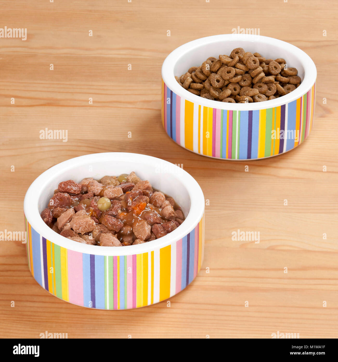 Prepared cat food: Dry food and canned food in bowls. Germany. Stock Photo