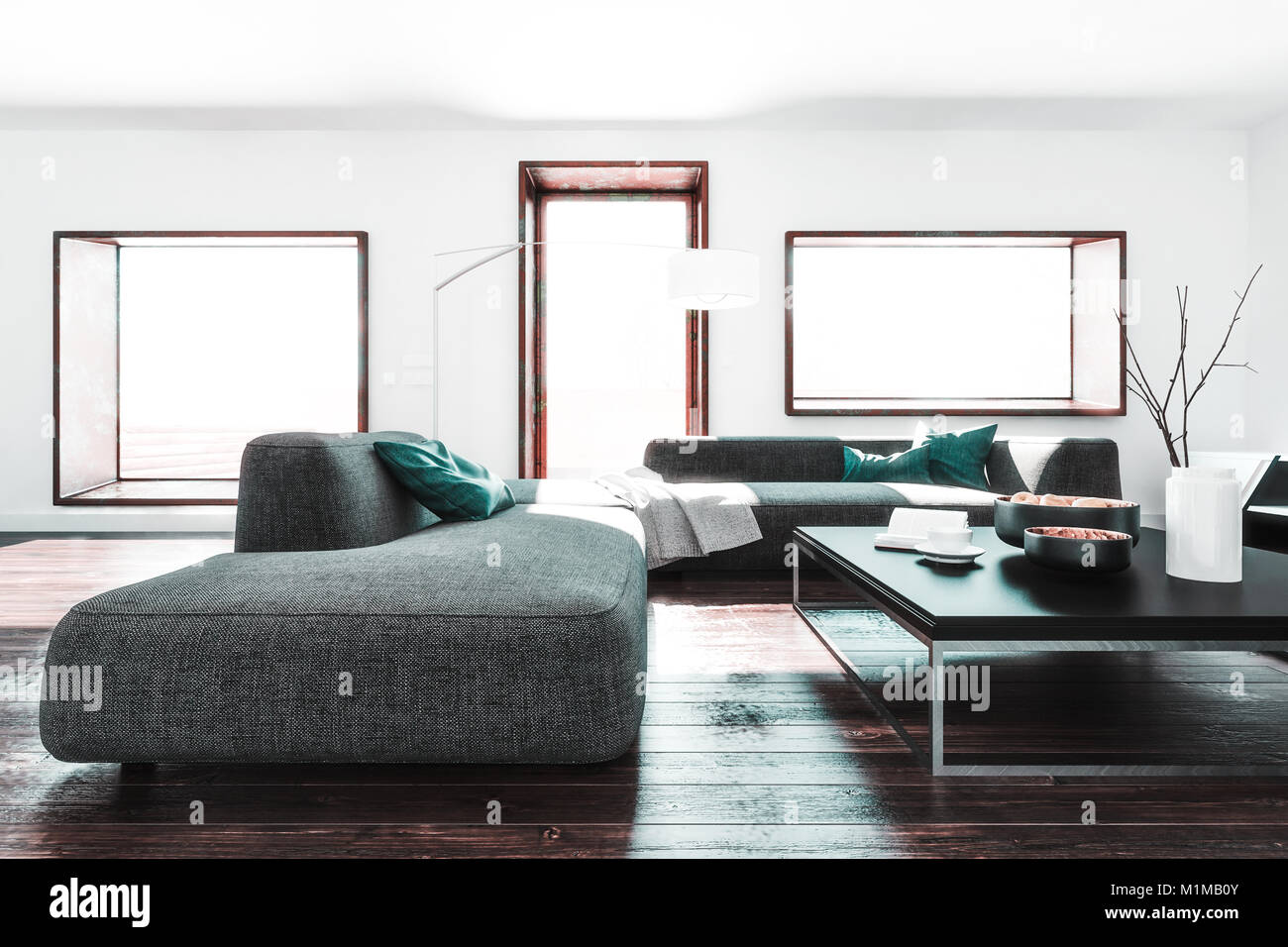 Room With White Walls Long Sofa And Coffee Table On Dark Wooden
