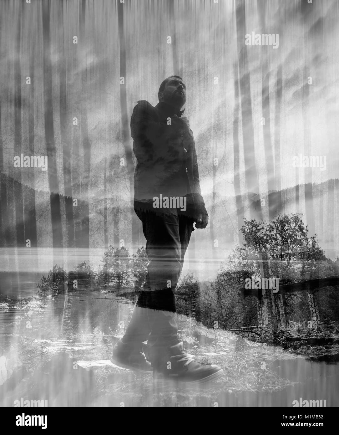 Double exposure face sunrise Black and White Stock Photos & Images - Alamy