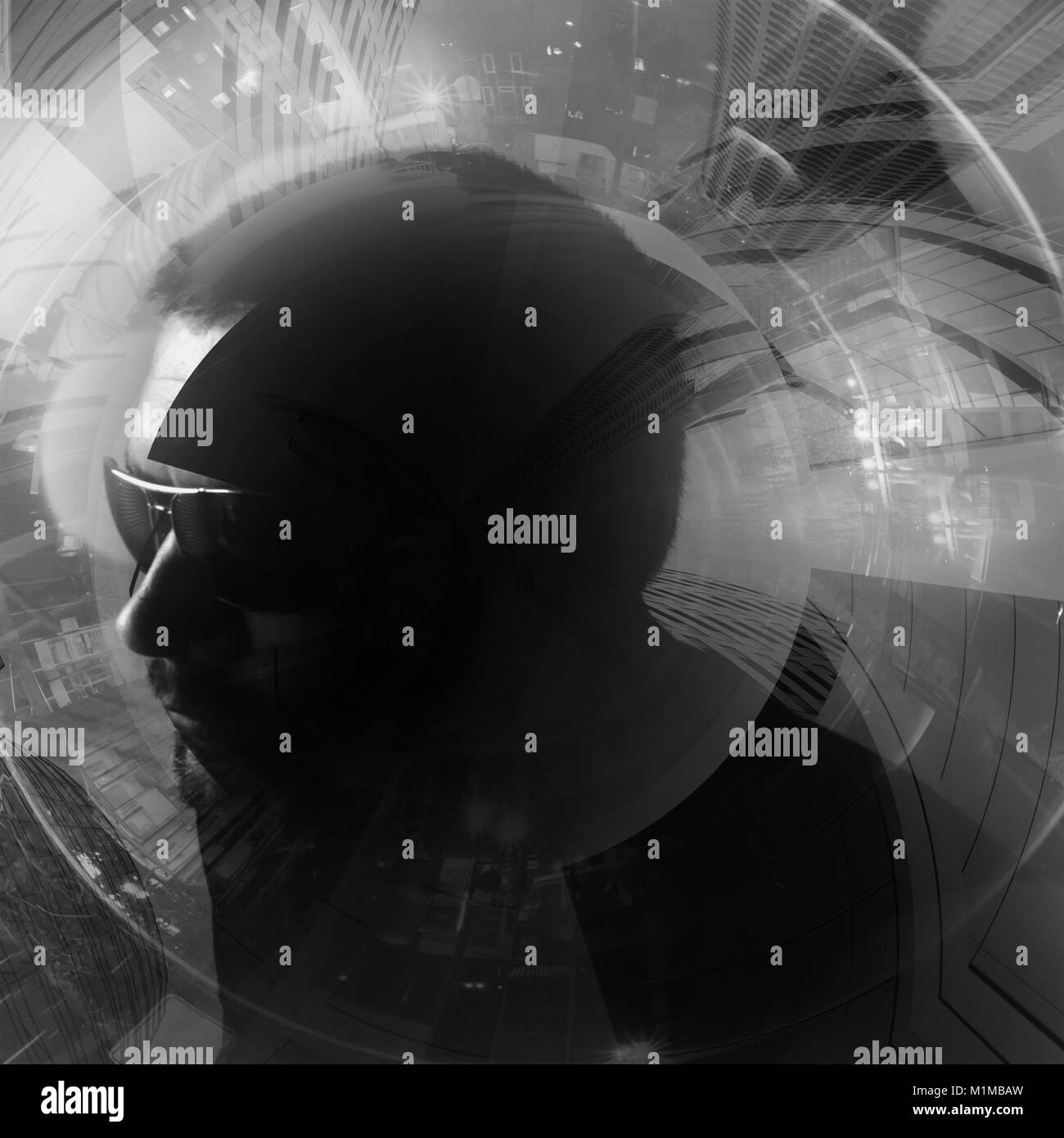 black and white abstract double exposure man portrait with urban ...