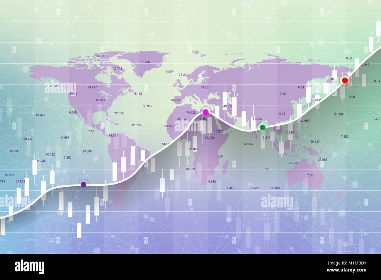 Stock market and exchange. Candle stick graph chart of stock market investment trading on World map background design. Stock market data. Bullish point, Trend of graph. Vector illustration. Stock Vector