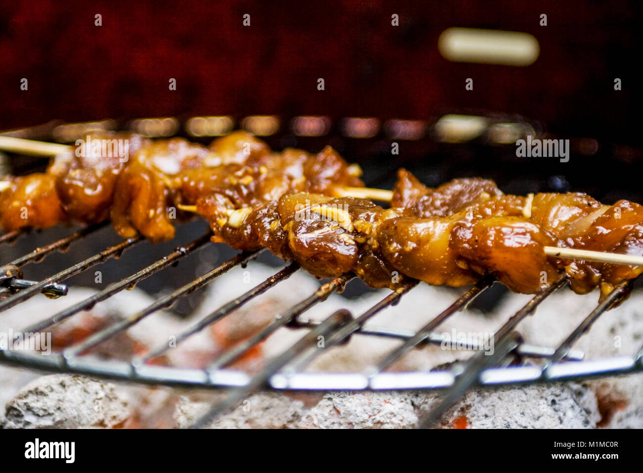 skewers with chicken satay on barbecue Stock Photo Alamy