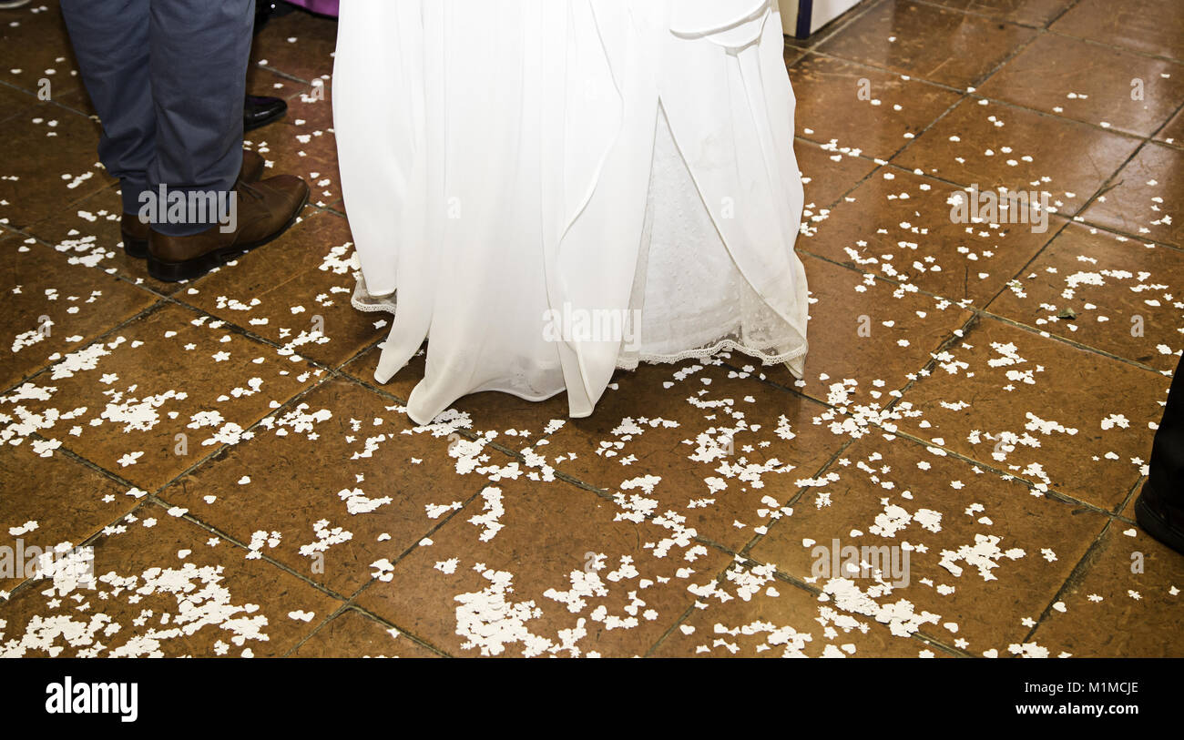 Confetti in wedding thrown on the floor, celebrations and events Stock