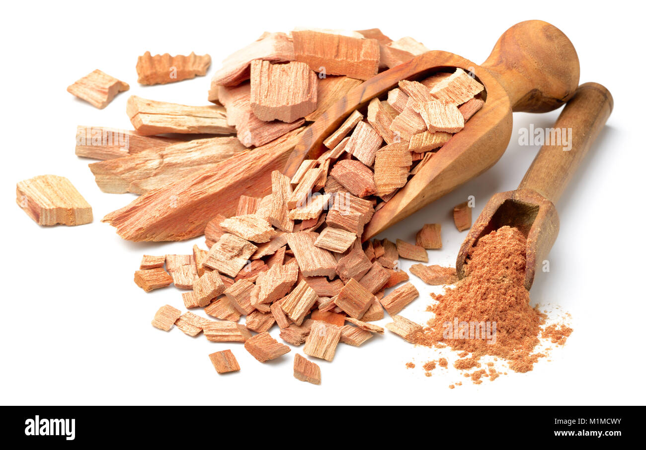 sandalwood slice and powder in the scoop Stock Photo