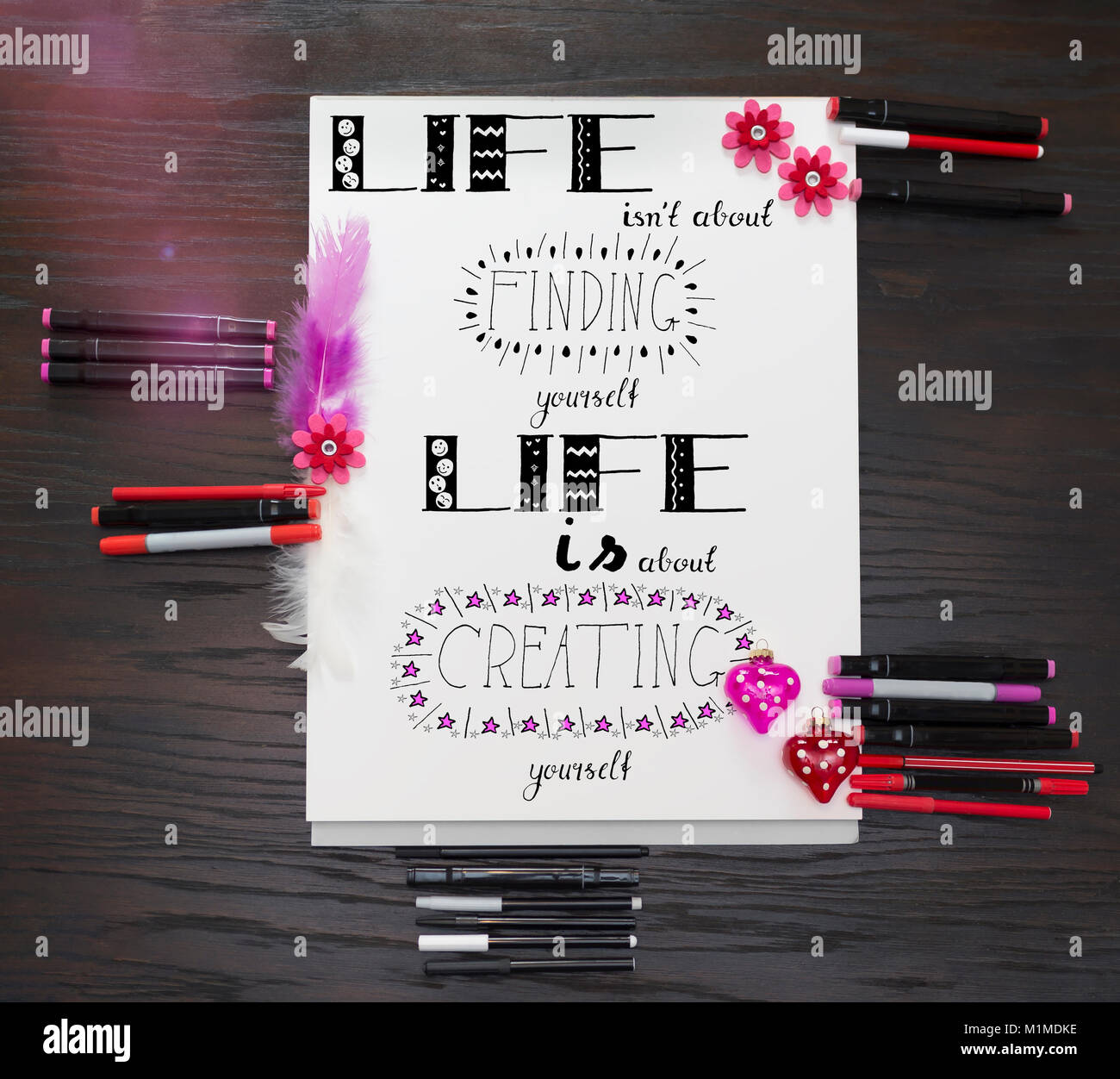 Hand lettering - A motto about life, drawn by hand, in pink and red ...