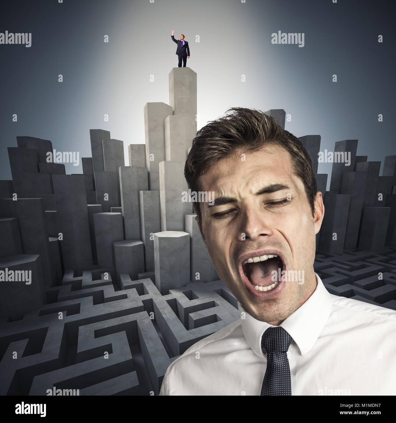 desperate businessman and leader on 3d abstract tower, maze background Stock Photo