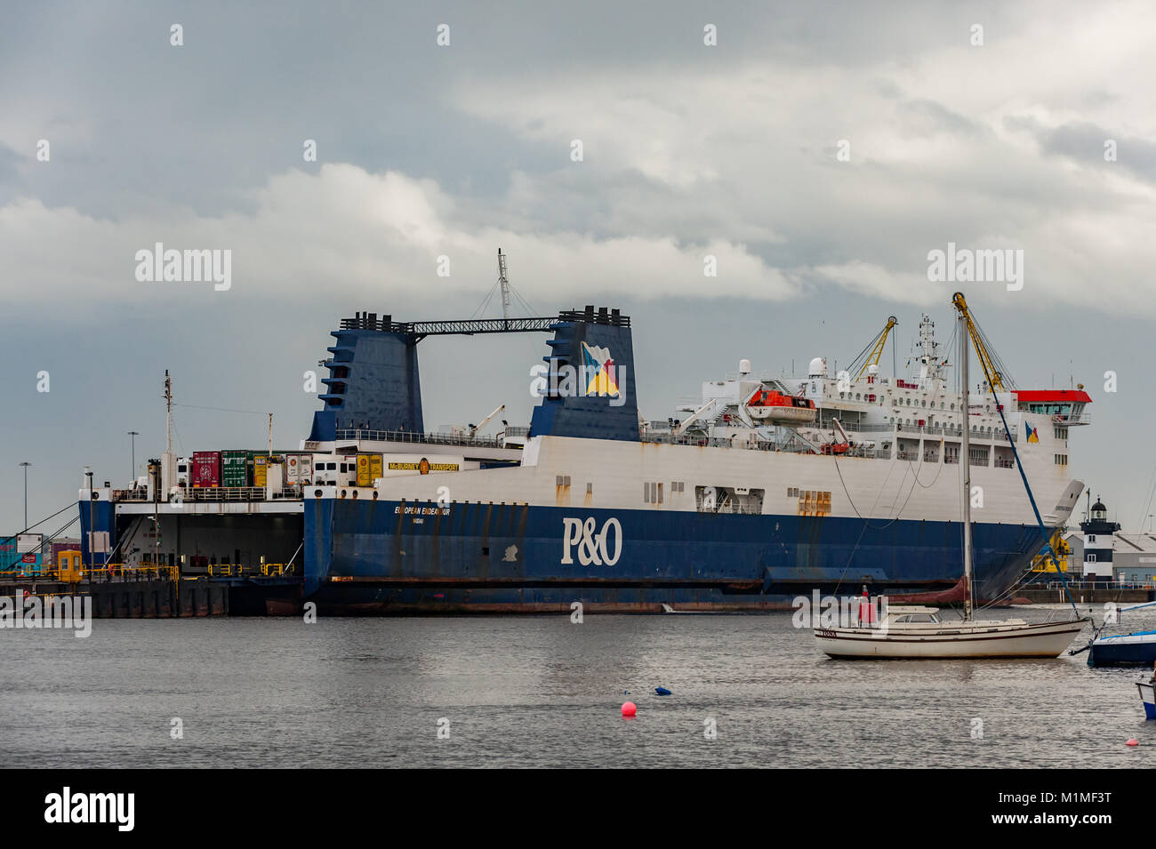 P&O Ro-Ro ferry 'European Endeavour' moored at Dublin Docks, Ireland before departure with copy space. Stock Photo