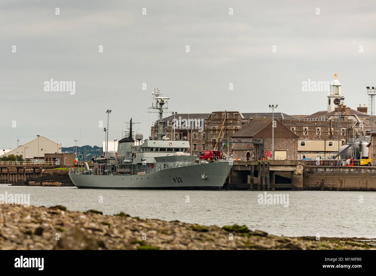 Irish Naval patrol vessle LÉ Aoife (now a Maltese Armed Forces vessel) moored at Haulbowline Island, Ireland, the base of the Irish Navy. Stock Photo