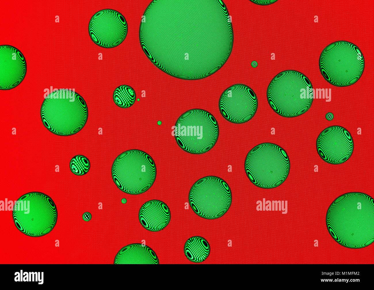 Green water droplets on red screen showing pixels Stock Photo
