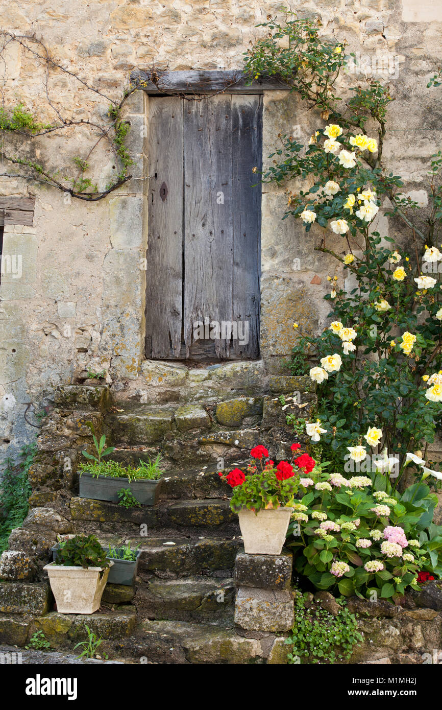 cottage with roses around door Stock Photo Alamy