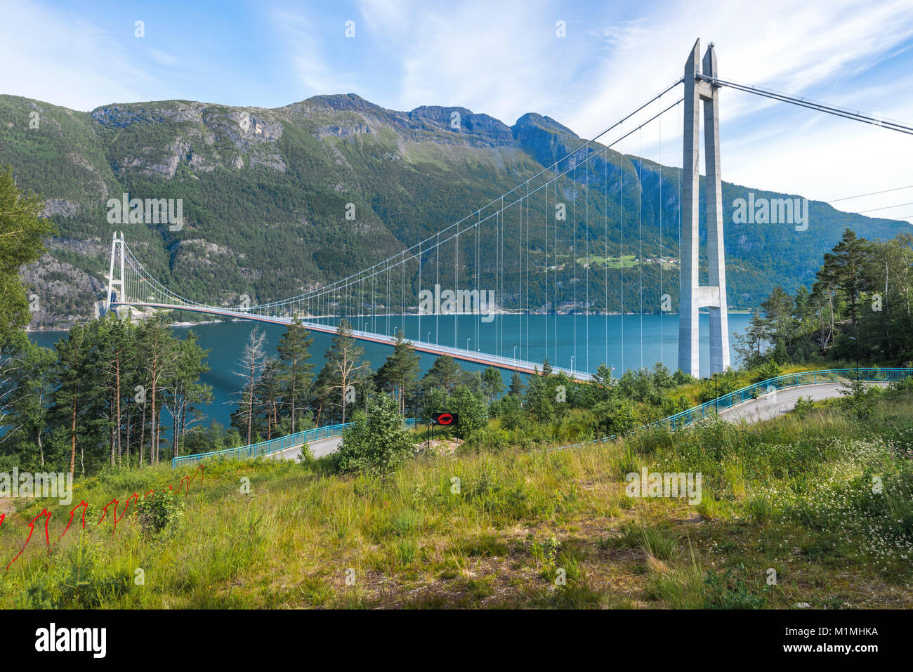 Hardanger Bridge over the Eidfjorden from above, fjord in Norway, suspension bridge Hardangerbrua, Hardangerfjord between Ullensvang and Ulvik Stock Photo