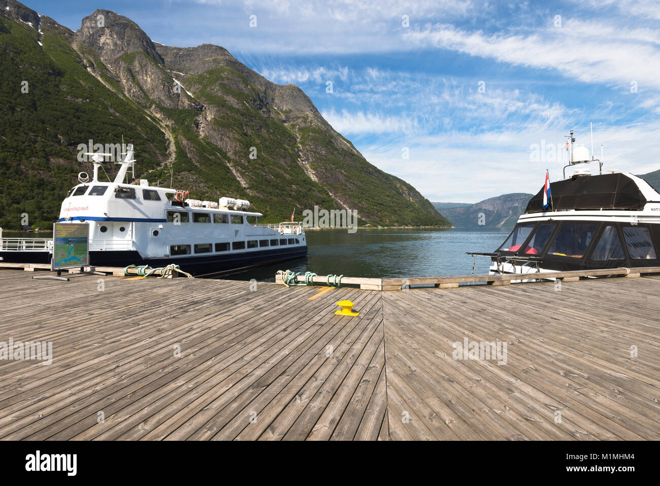 landing stage of Eidfjord, Norway, Scandinavia, Eidfjorden, Hardangerfjorden, excursion ships at the pier in the fjord Stock Photo