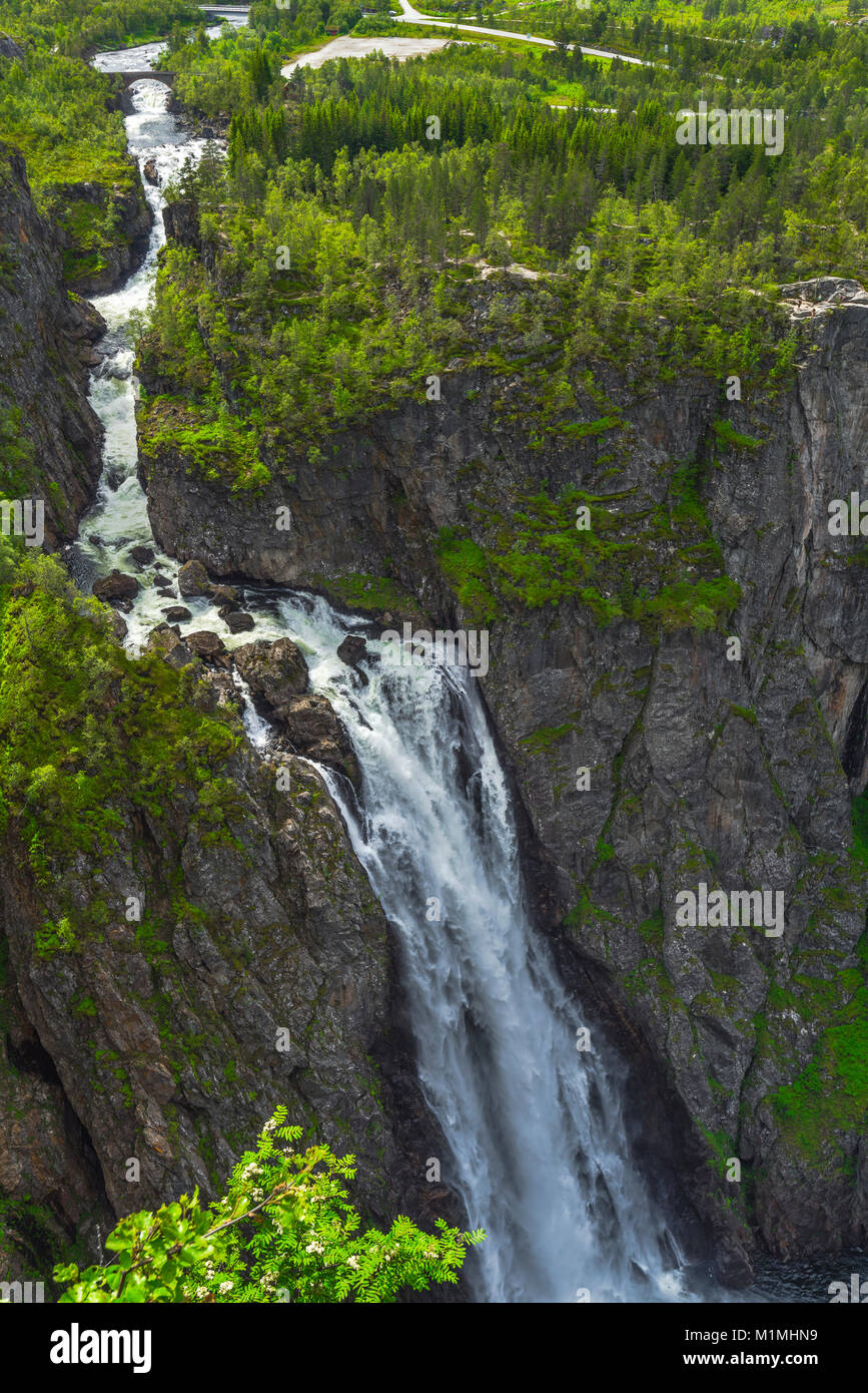 Waterfall Voringfossen and the gorge of Mabodalen, Norway, Scandinavia, also Voringsfossen, wild natural landscape, close up Stock Photo