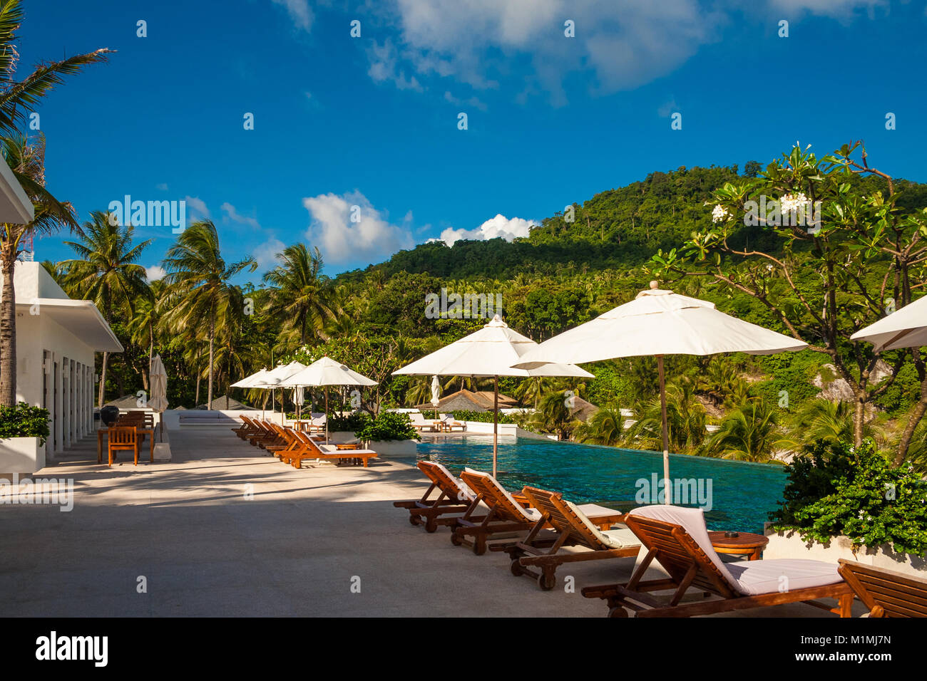 A perfect holiday photo of empty deck chairs and patio umbrellas in between, lined up in front of an infinity pool on a tropical island. Stock Photo