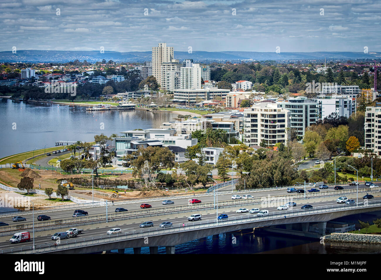 Cityscape and Swan River view from King's Park, Perth, Western Australia, Australia Stock Photo