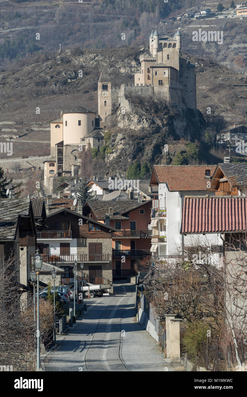 Saint-Pierre castle with the parish church, Aosta Valley region, Italy Stock Photo