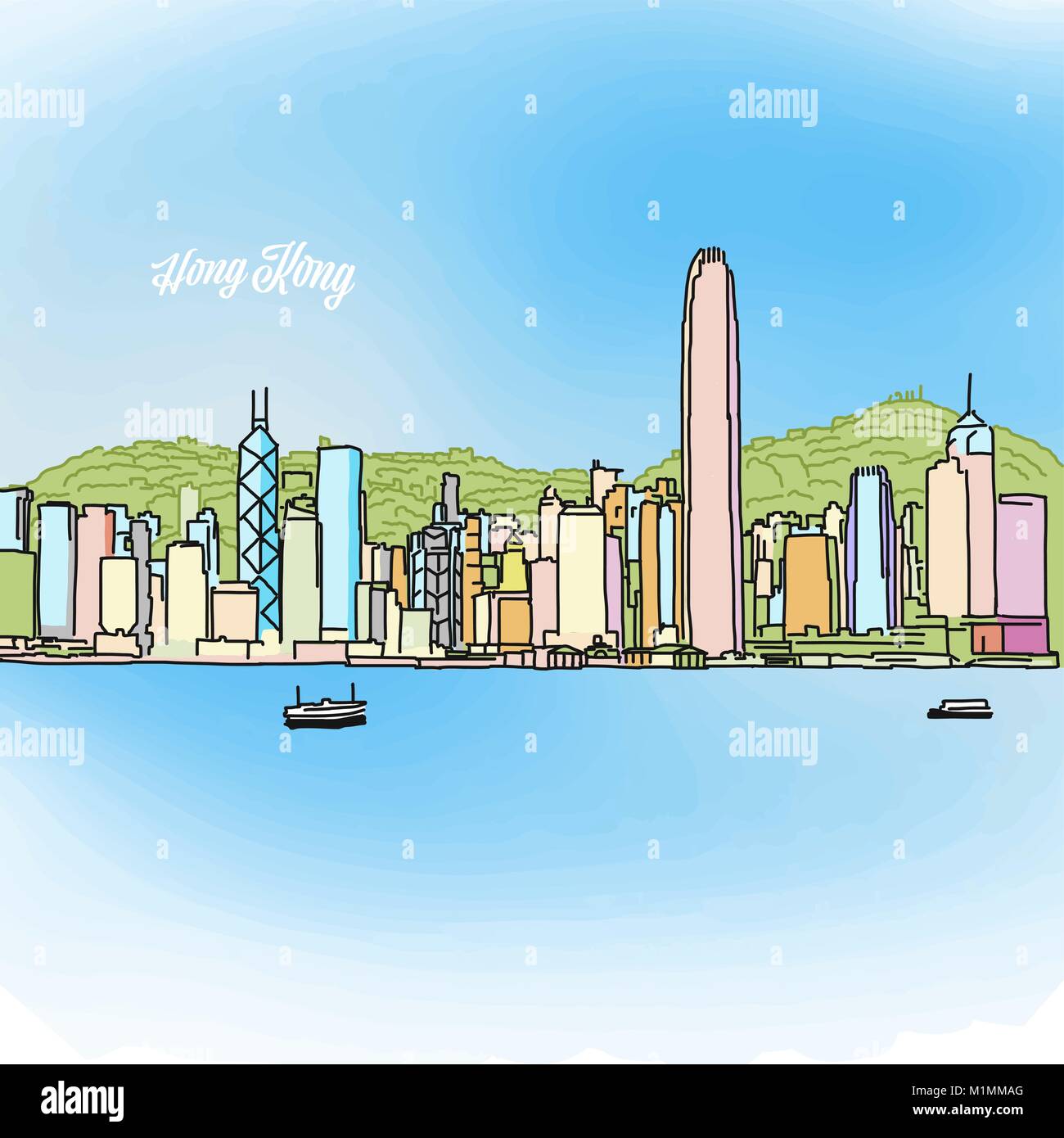 Hong Kong Colored Panorama Banner. Layout for Greeting Card and Banner Design. Marketing Sketch Stock Vector