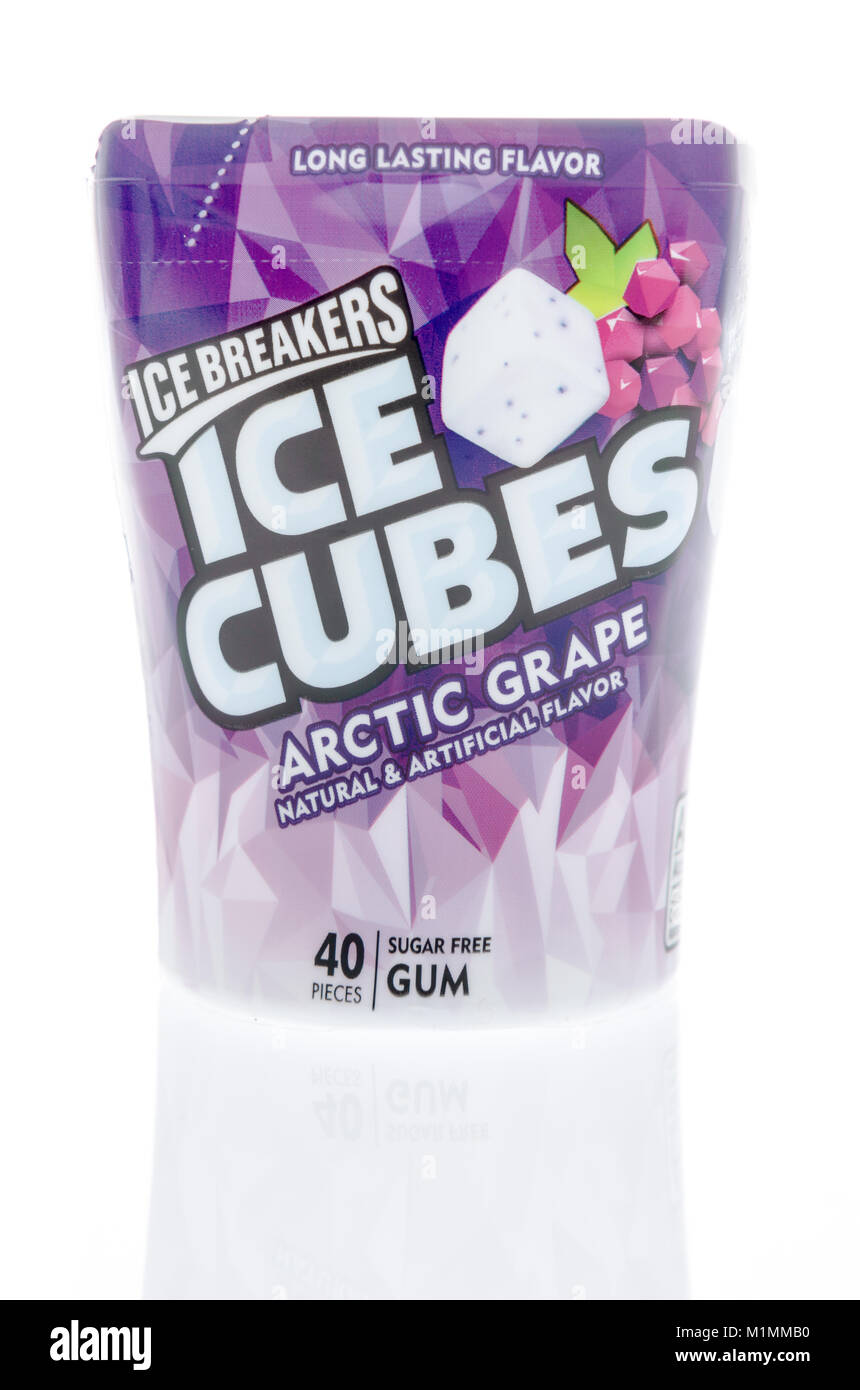 Winneconne, WI -  28 January 2018: A package of Ice Breakers ice cubes in Artic Grape flavor on an isolated background. Stock Photo