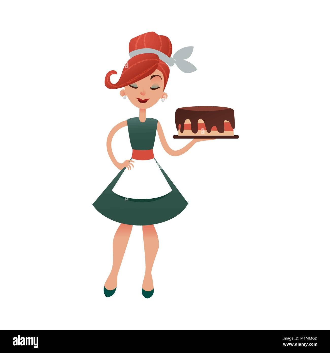 Funny cartoon housewife with cake. Happy vector homemaker with bakery product. Beautiful woman in old retro style. Young lady baking pie. Stock Vector