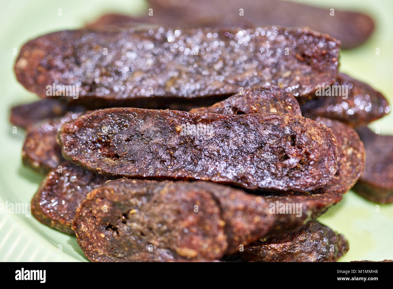 Turkish göden sausage sliced and grilled in closeup Stock Photo