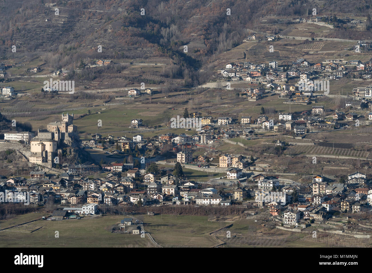 Elevated view of Saint-Pierre hillside neighbourhood, Aosta Valley region, Italy Stock Photo