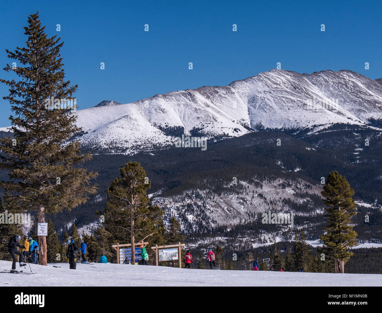 View from The Overlook day lodge and restaurant atop Peak 9, Breckenridge Ski Resort, Breckenridge, Colorado. Stock Photo