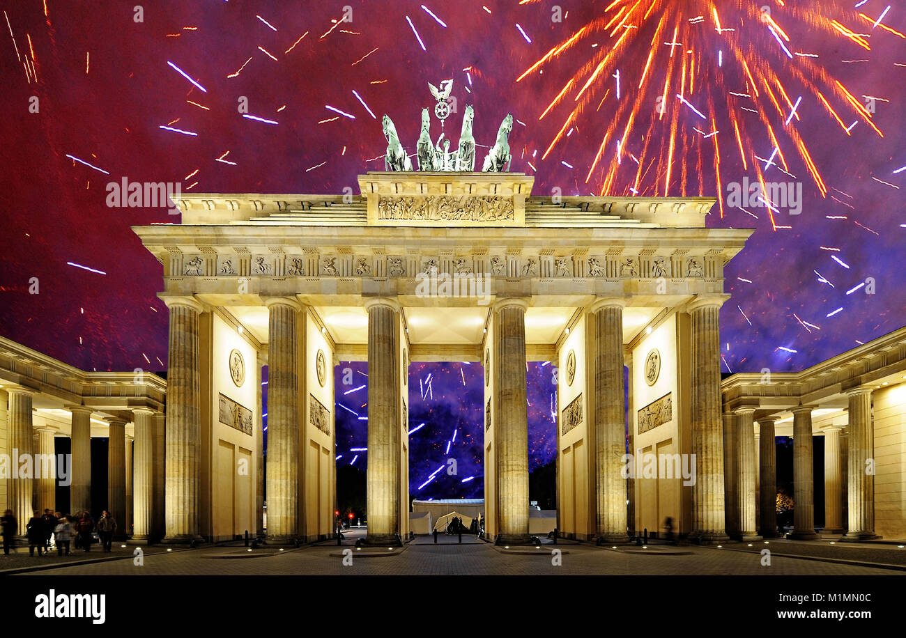 The Brandenburg Gate, fireworks, Berlin, Germany, Europe, Brandenburger Tor, Feuerwerk, Deutschland, Europa Stock Photo
