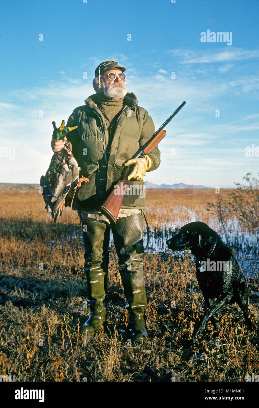 A portrait of Donal Hamilton, author, novelist, and author of the Matt Helm mystery books, with a handfull of ducks at a duck blind along the rio Grande near Truth or Consequences, New Mexico Stock Photo