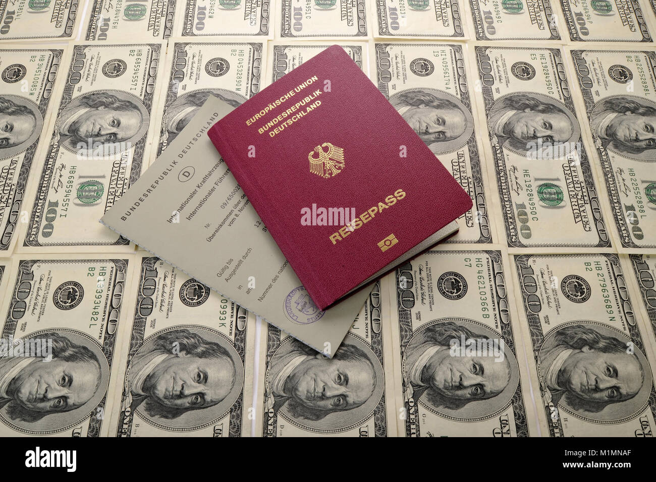 Dollar, passport, international driving license, Reisepass, Internationaler Führerschein Stock Photo