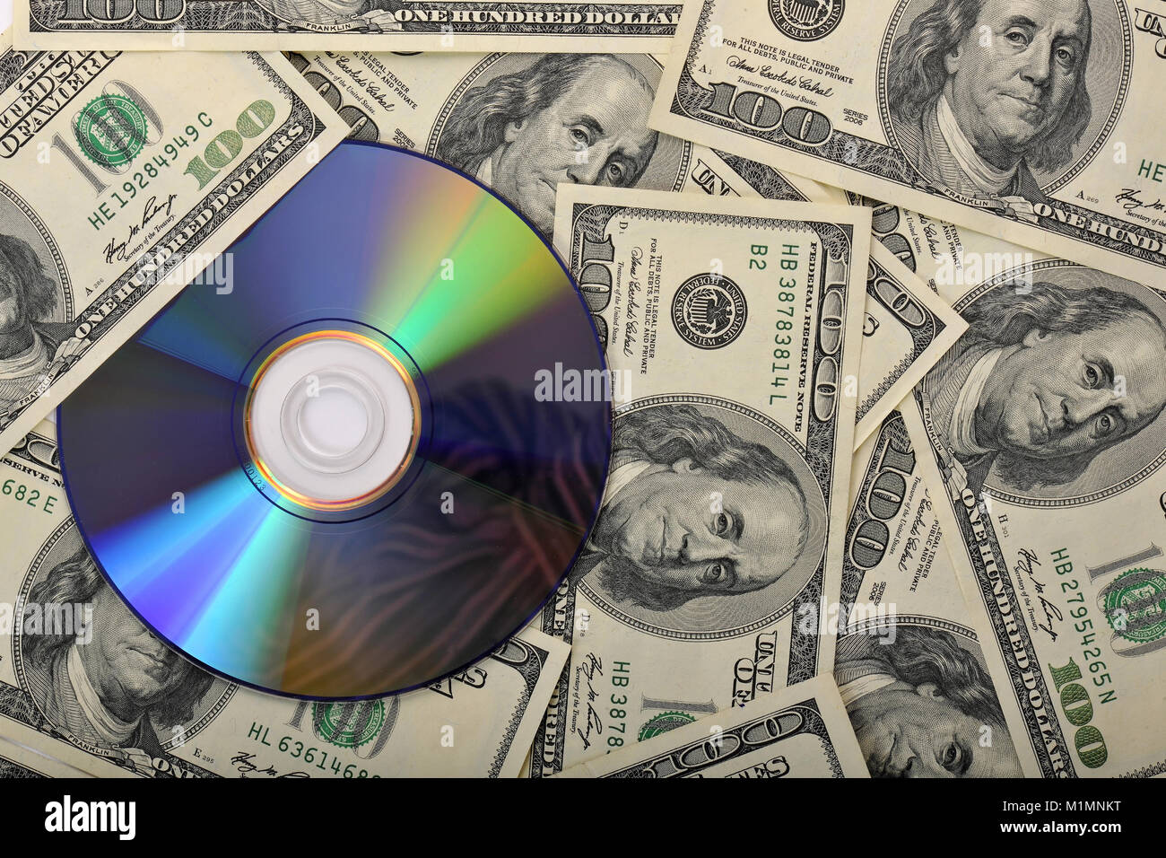 Bank notes, CD, DVD, data protection, tax evasion, pirated copies, etc., Banknoten, Datenschutz, Steuerhinterziehung, Raubkopien etc Stock Photo