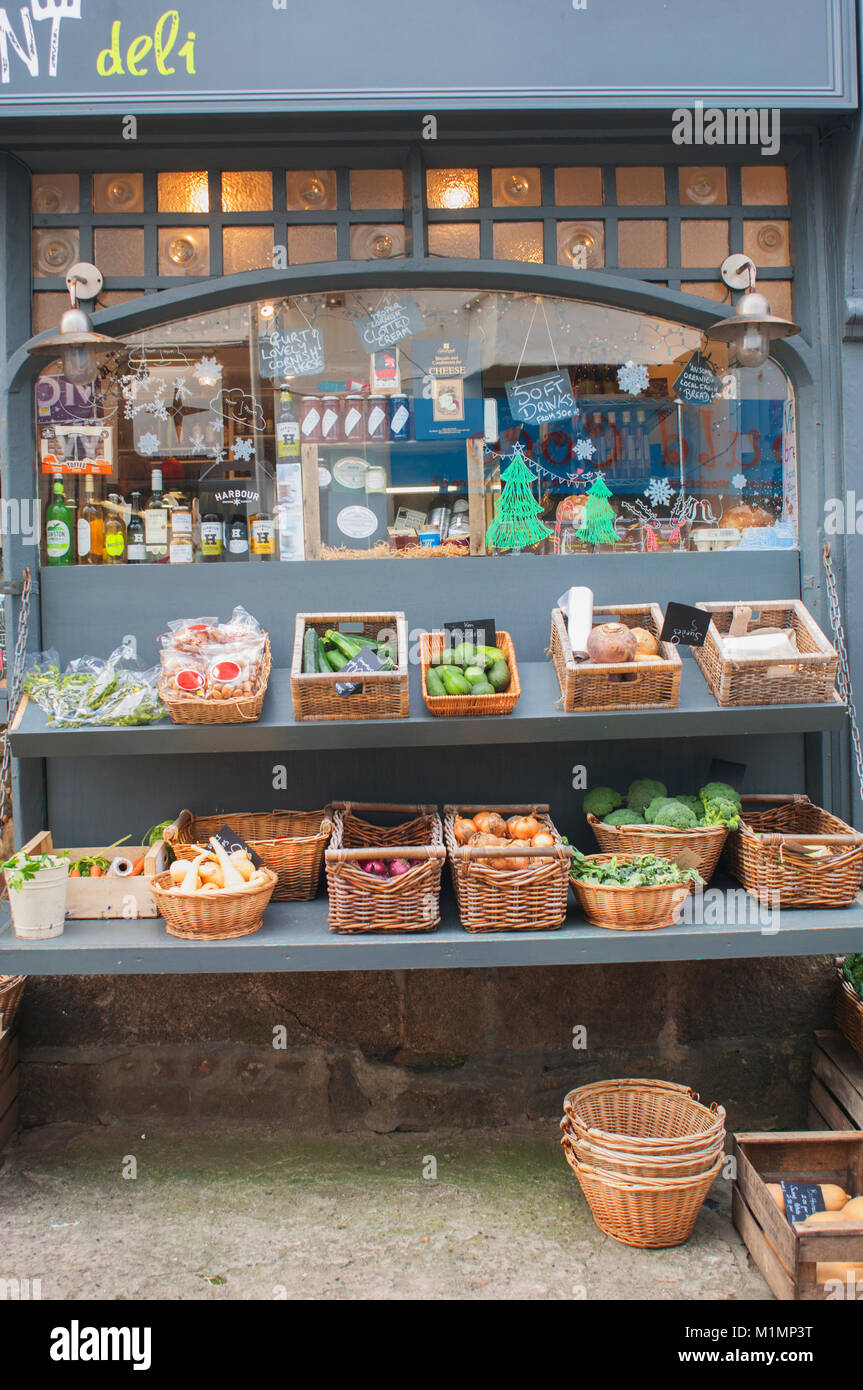 Outdoor display of produce at a St. Ives deli, Cornwall, UK - John Gollop Stock Photo