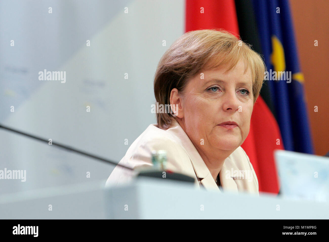 Heiligendamm, Germany - June 08, 2007: Chancellor of Germany Angela Merkel speaks on open press conference during 33rd G8 summit Stock Photo