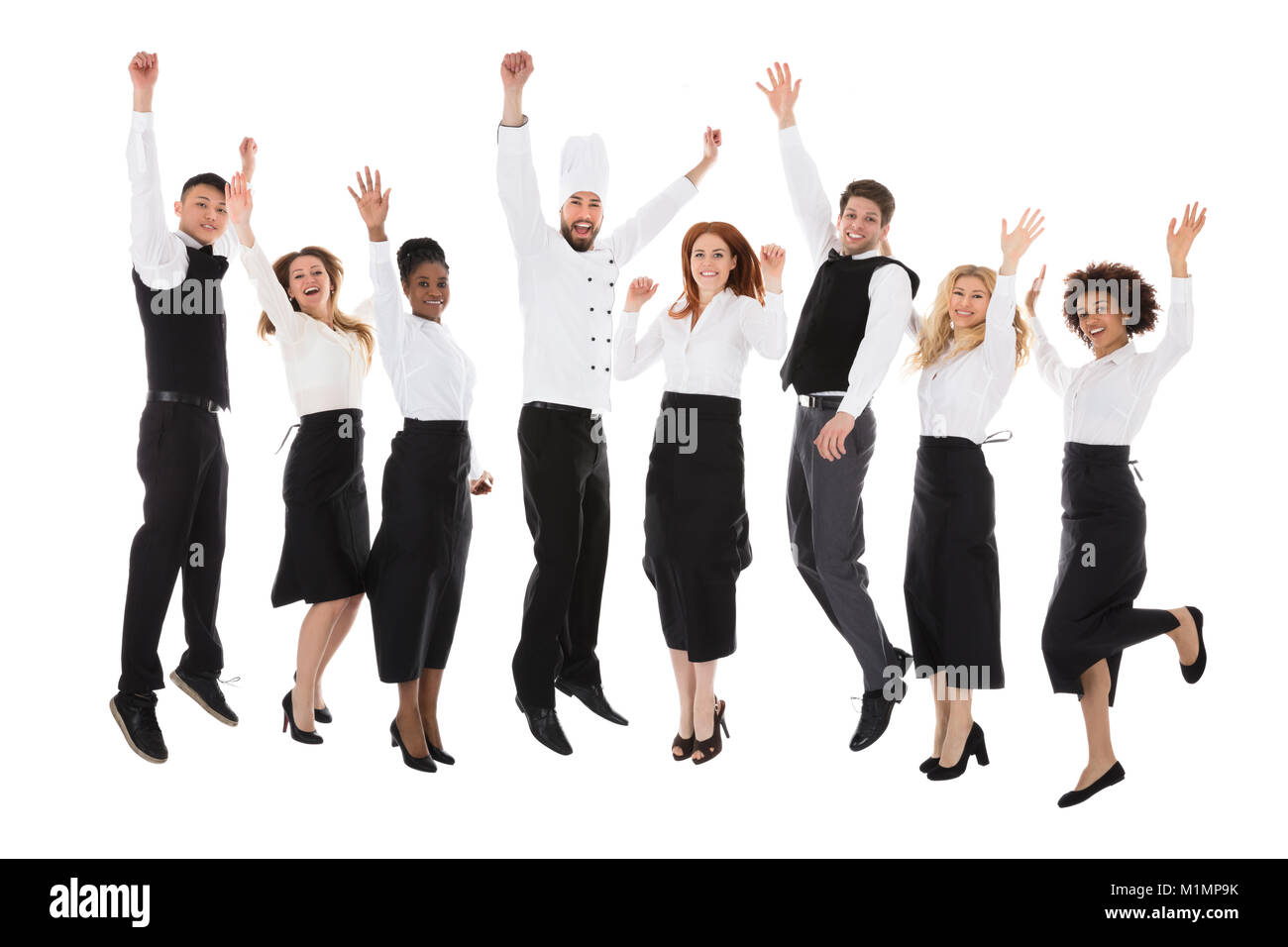 Restaurant Staff Celebrating Their Success Over White Background Stock Photo