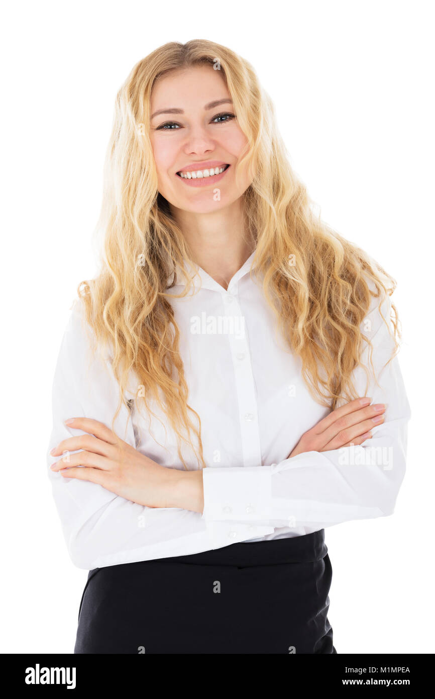 Portrait Of Happy Young Hostess In Front Of White Background Stock