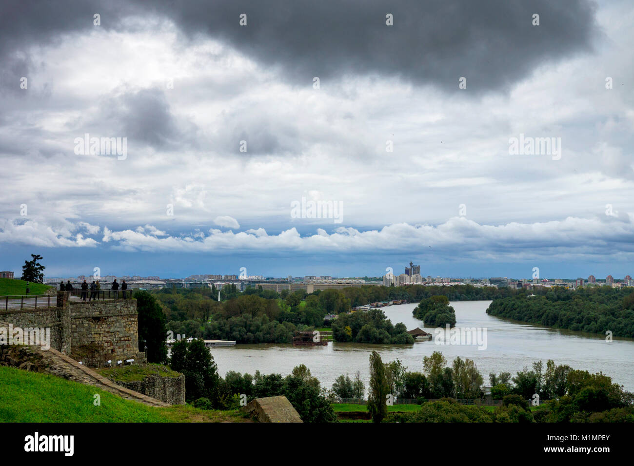 Mouth of the Sava river into the Danube river in Serbian capital Belgrade seen from Kalemegdan fortress Stock Photo