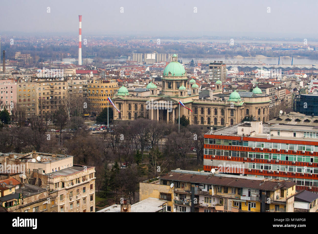 Rooftop view of Serbian capital Belgrade with the National Assembly building Stock Photo