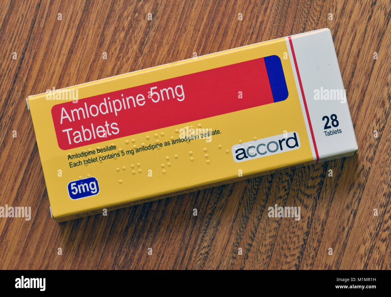 Photograph of Pack of Amlodipine 5mg. Tablets. 28 tablets. Amlodipine besilate. Each tablet contains 5mg amlodipine besilate. Accord. Stock Photo