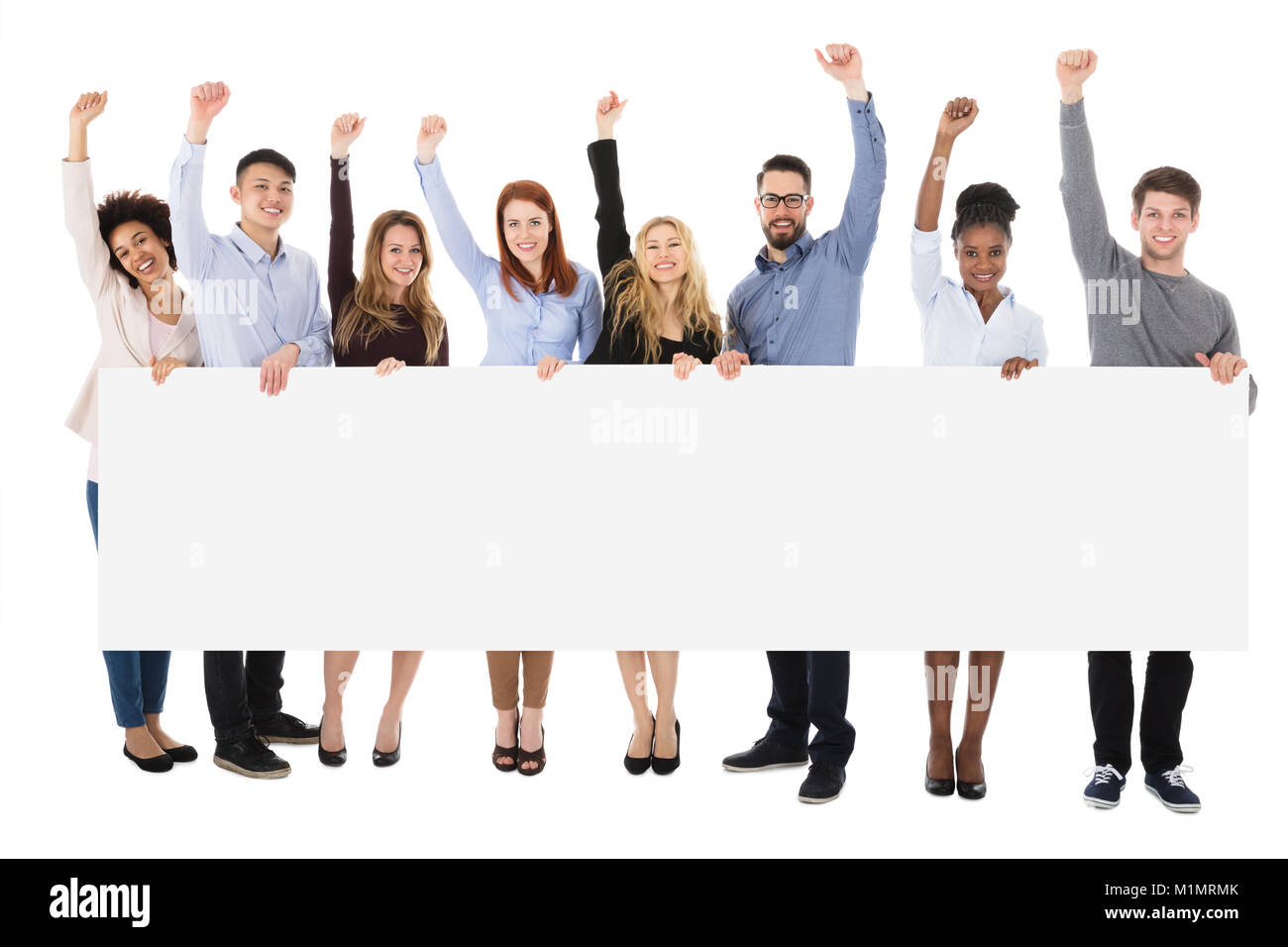 College Students With Billboard Raising Their Arms On White Background Stock Photo