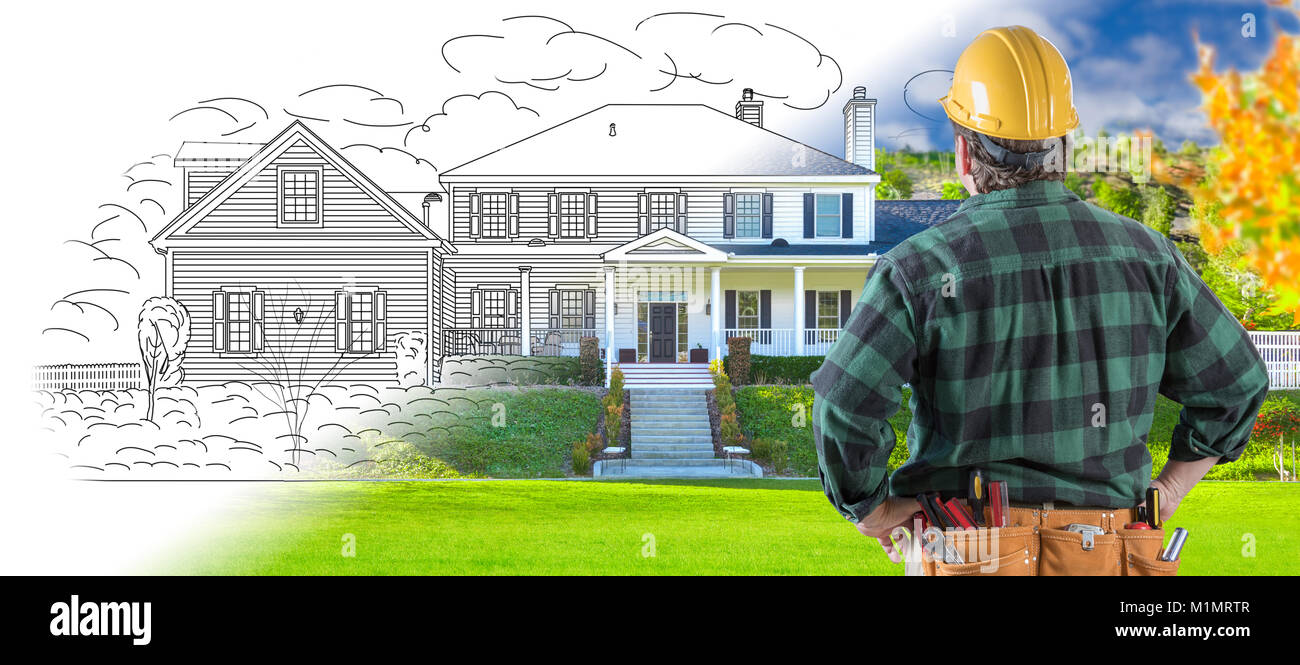 Male Contractor With Hard Hat And Tool Belt Looking At Custom