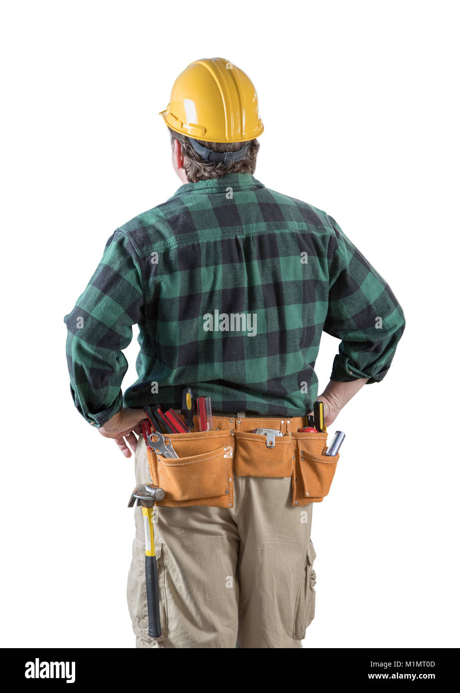 Male Contractor with Hard Hat and Tool Belt Looking Away Isolated a a White Background Stock