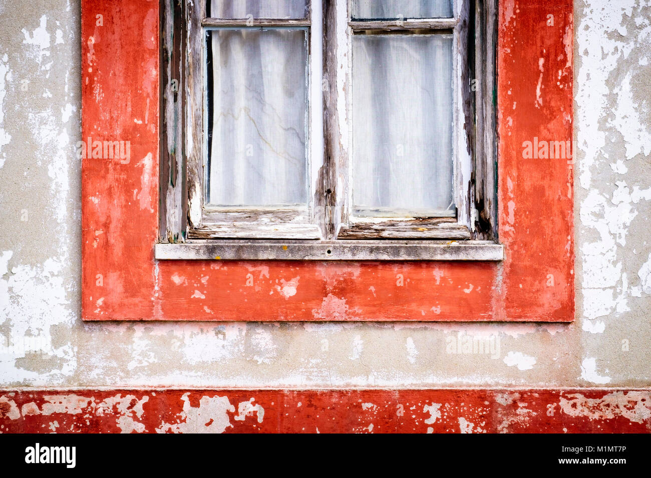 Rustic window detail with red wooden frame, peeling paint, old linen ...