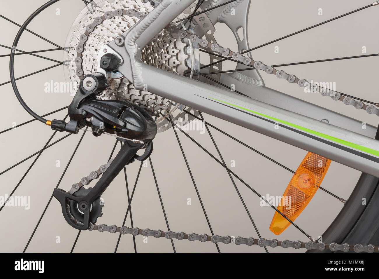 Close up of 9speed cassette and rear derailleur on rear wheel of bike